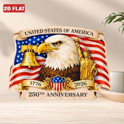 USA 250th Anniversary Decor 1776-2026, Patriotic Eagle Wooden Block Sign 2D FLAT