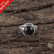 925 Sterling Silver Natural Black Tourmaline New Promise Boho Band Birthday Ring