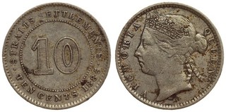 Straits Settlements 10 Cents 1885 Victoria Silver