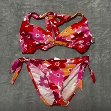 Vtg Xhilaration Womens Floral Bikini Set Pink Red Halter Top Side Tie Bottoms L