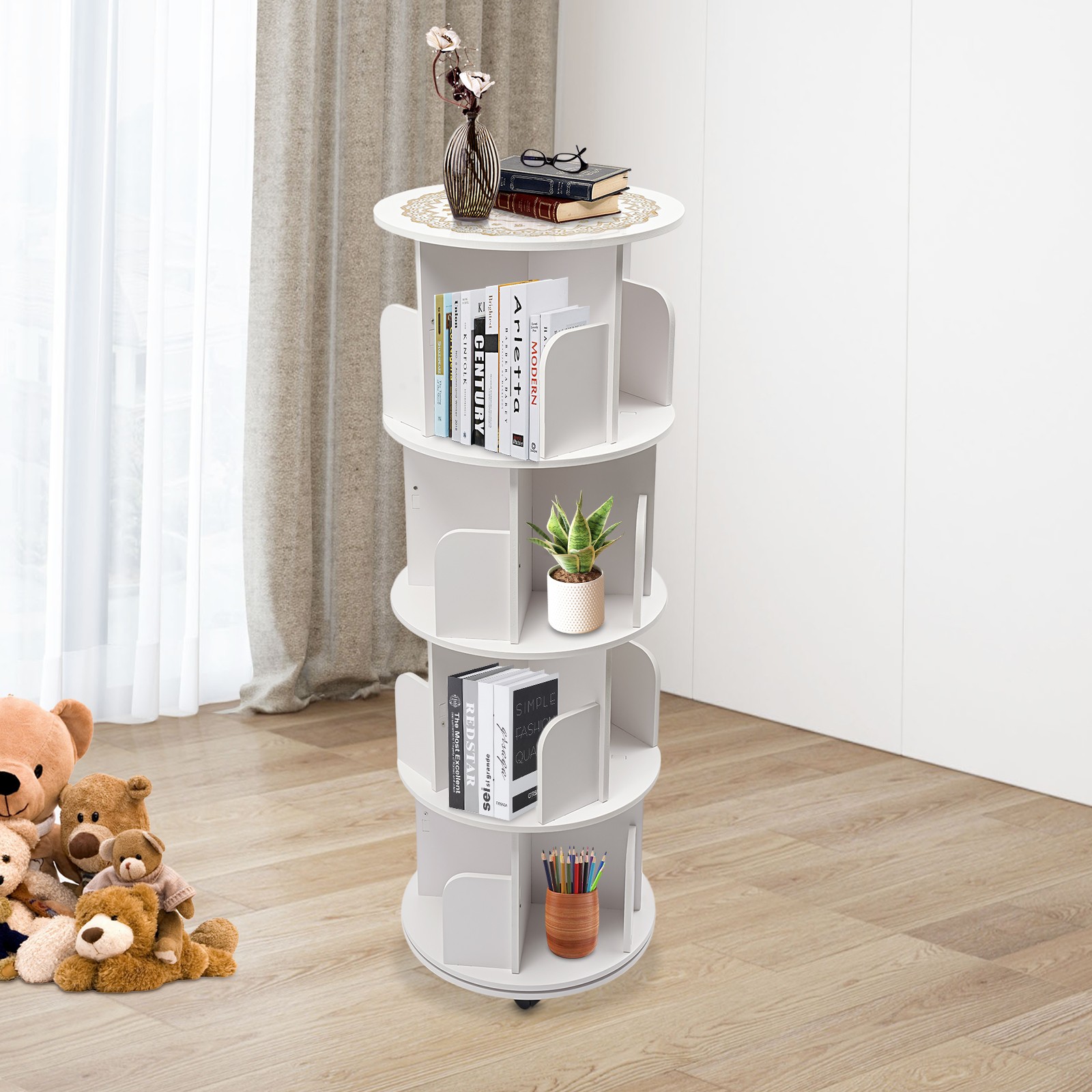 4 Tier Rotating Bookshelf Tower Spinning Bookcase Lazy Round Corner Shelf White