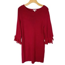 New York & Company Red Knit Sweater Dress Ruffle Chiffon Tie Sleeve Small