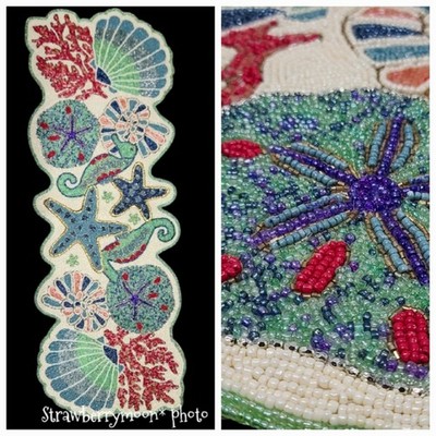 Beaded Seahorse Starfish Seashell Coral Tablerunner Decor Coastal Ocean Beach