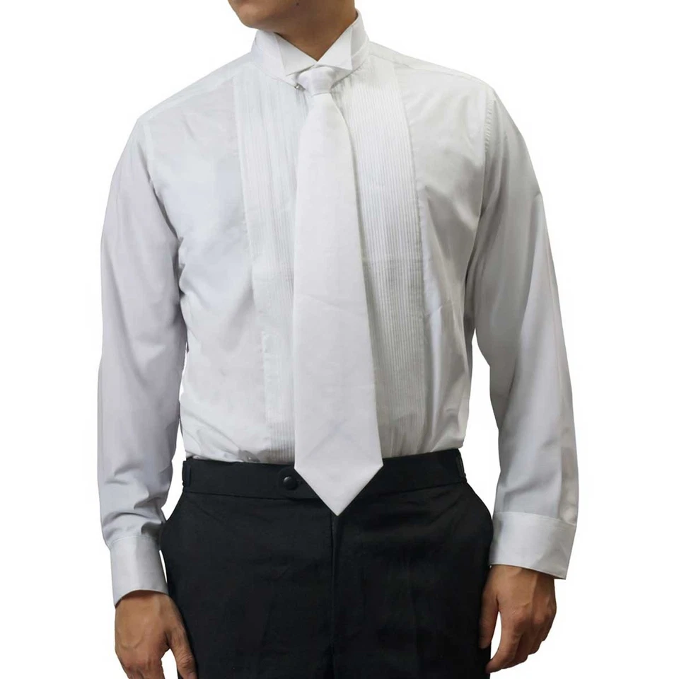 Camisa de esmoquin blanca para hombre, cuello de ala y pliegues de 1/8" Foto 2 de 2
