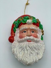Vintage Santa Ornament 4" Paper Mache Santa Face Glitter Charming Colorful Uniqu
