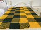 Handmade Knitted Throw Blanket Green / Gold Acrylic Squares 210 cm x 140 cm