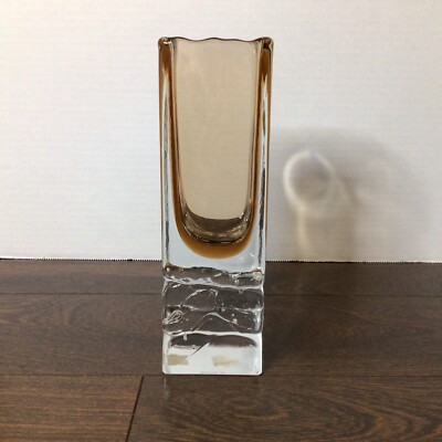 Petr Hora Signed Czech Art Glass Dark Amber Block Vase 7.5  Modernism Modern