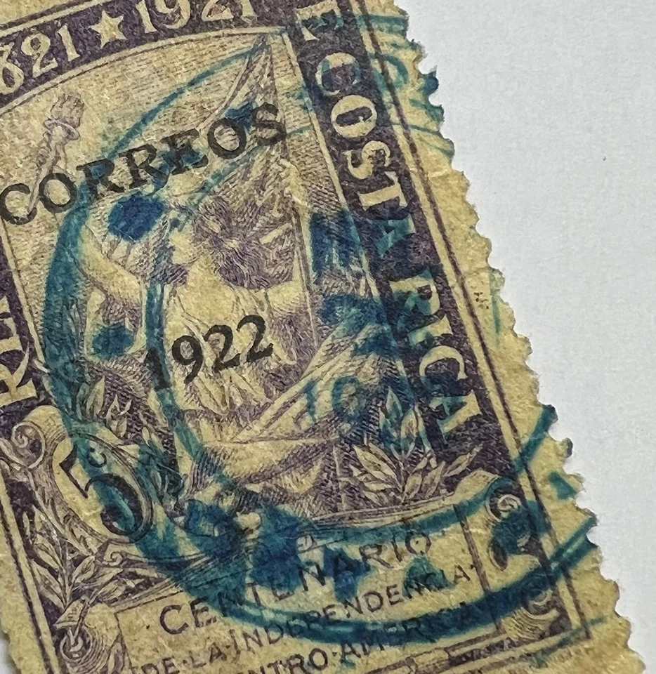 1922 COSTA RICA 5C STAMP #111 OVPT WITH INTERESTING BLUE SON CANCEL - Изображение 2 из 3