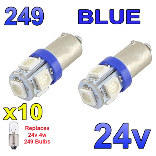 10 x Blue 24v LED Side Light 249 BA9s T4W 5 SMD Bayonet Bright Bulbs HGV Truck - Afbeelding 1 van 7