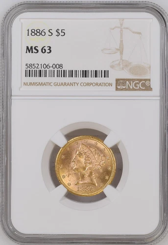 1886-S $5 Gold Liberty Head Half Eagle NGC MS63