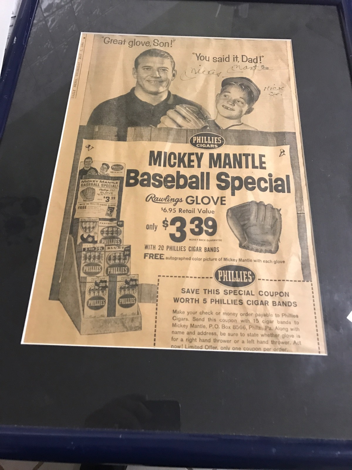 Autographed Signed Mickey Mantle Newspaper Insc Mick Jr Frame JSA Full Letr please read 