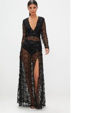 New PLT Black SPARKLY SEQUIN EMBELLISHED Long Evening Party Dress Size L 18