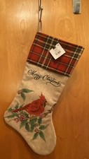 NEW 19" LONG RED CARDINAL MERRY CHRISTMAS STOCKING, PLAID TOP  EMBROIDERY NWT