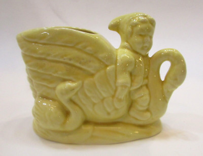 Old 1930's Elf Pixie Riding Swan's Neck Antique Yellow Pottery Cactus Planter