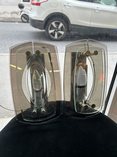 PAIR OF APPLIQUES 70s GLASS THICK ITALIAN DESIGN SCONCES - Picture 3 of 17