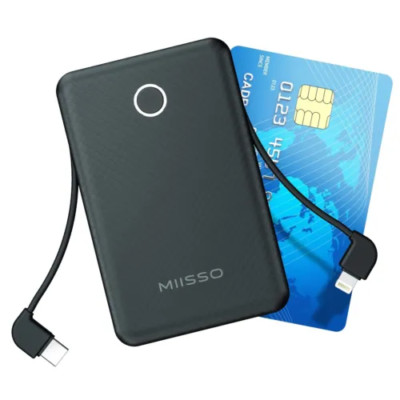 Miisso 6000mah Ultra Slim Built in Cables Power Bank Card Size USB C Cords Black