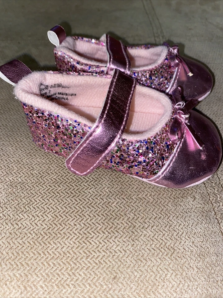 Laura Ashley Maryjane Crib Shoes Baby Pink Glitter With Bow Size 2 - Image 3 of 4