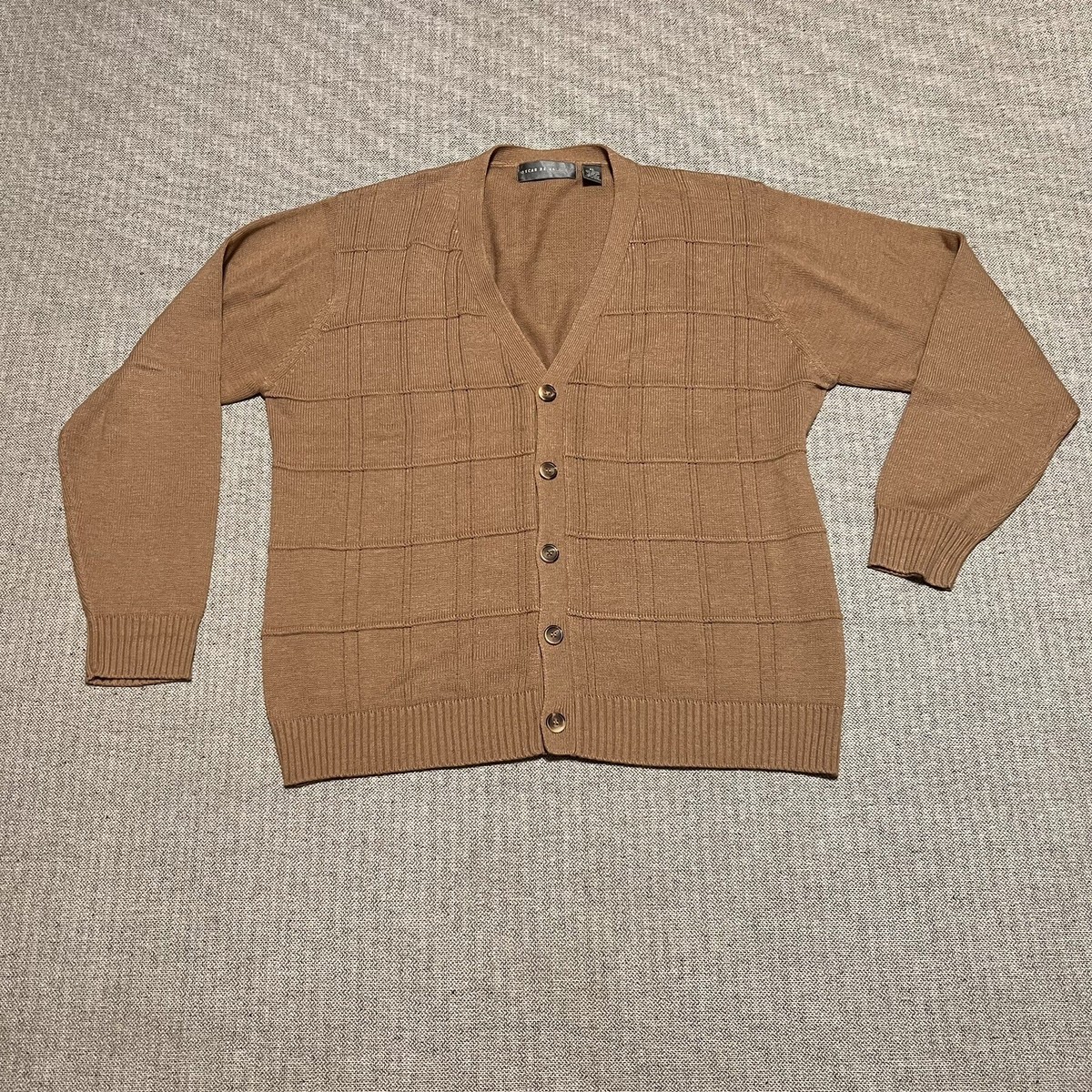 Oscar De La Renta Cardigan Men's XL Brown Cable Knit V Neck