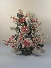 MID CENTURY CARVED JADE AGATE BONSAI FLOWER TREE 22 x 22 HTF - Read