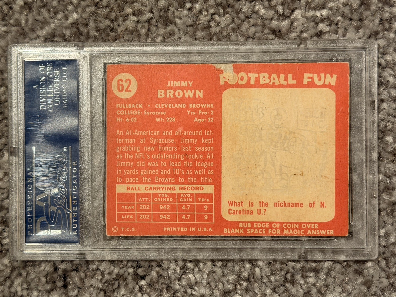 1958 TOPPS JIM BROWN #62 ROOKIE RC CLEVELAND BROWNS PSA 2 GOOD view 2