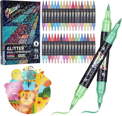 Glitter Effect Brush Markers Pens,72 Colors Dual Tip Glitter Pens Set 36 Pack Me