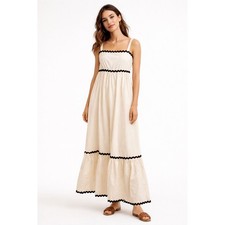 Skies Are Blue Cream Cotton Ric Rac Trim Maxi Dress with Pockets NWT Size M