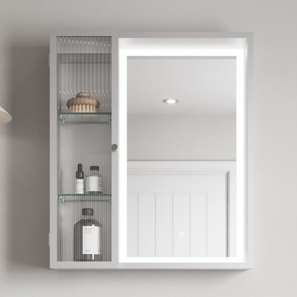 600 x 700mm Silver Bathroom LED Mirror Cabinet Wall Hung Fluted Mains Touch Sens