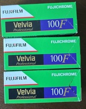 Fujichrome Velvia 100F, E6 color slide, 120mm. Boxed with expiry date 2010-06.
