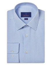David Donahue Trim Fit Dobby Micro Check Dress Shirt Blue Size 16 36/37 0366