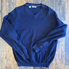 Cutter &Buck Sweater Men Sz XL V-Neck Long Sleeve Pullover Ribbed Knit Navy Blue