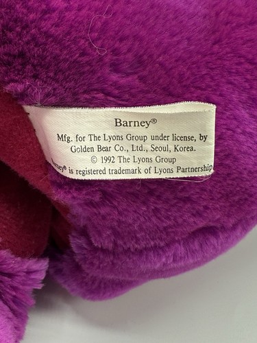 Barney Plush Hand Puppet Lyons Stuffed Animal Purple Dinosaur Vintage 1992 Toy - Picture 7 of 9