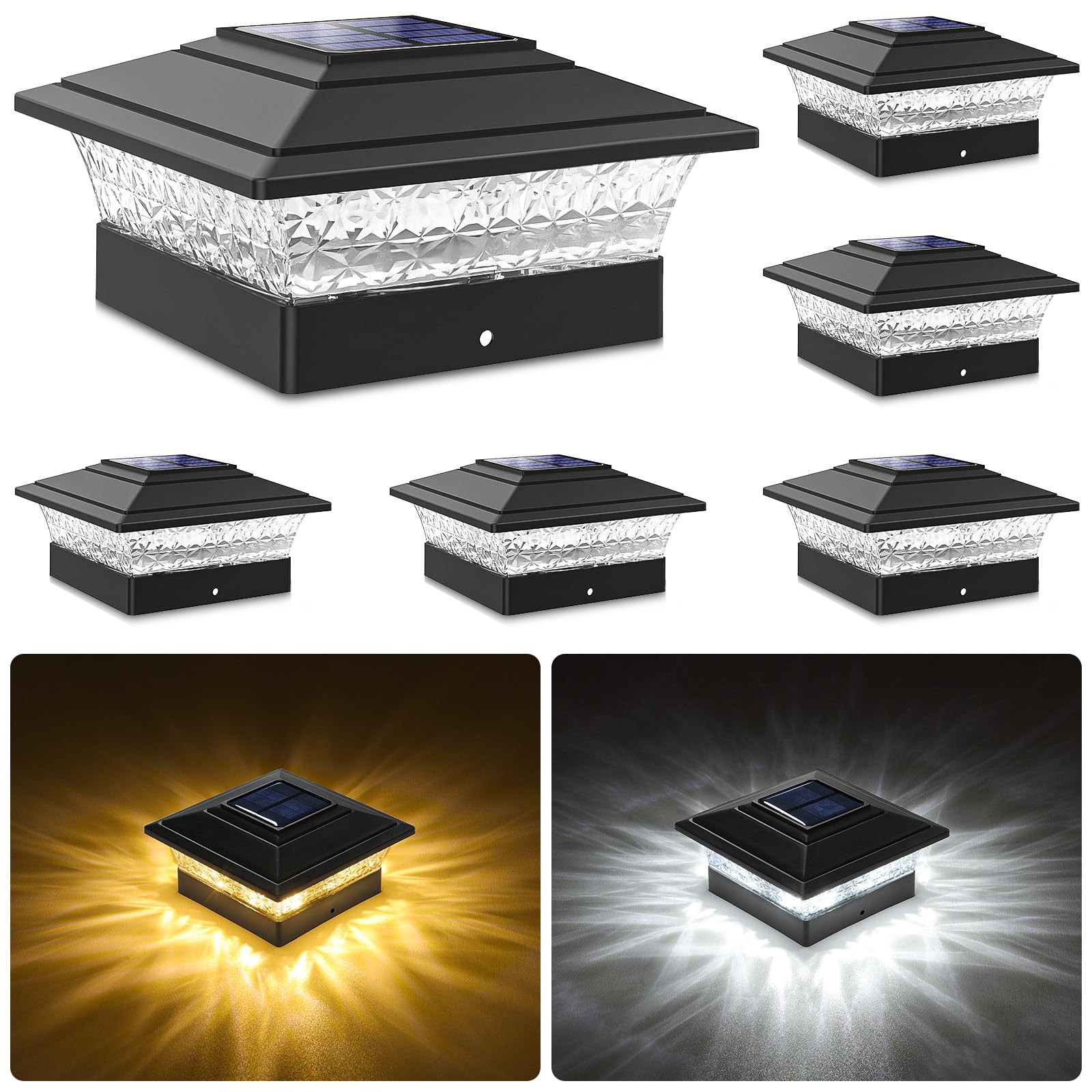 Solar Post Cap Lights Outdoor 6-Pack Waterproof Fence Lights 16 Ultra Bright LEDs