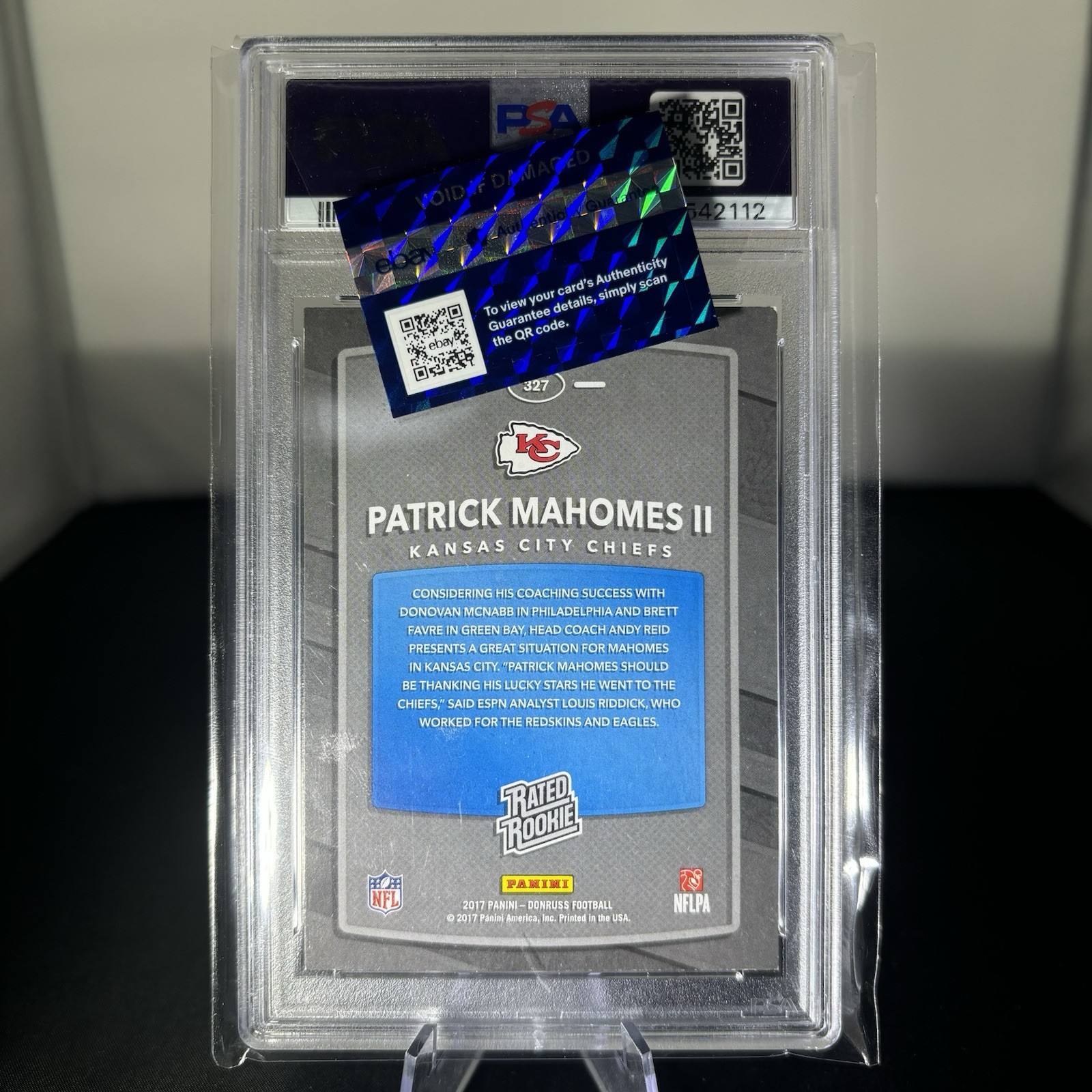 2017 Panini Donruss Patrick Mahomes Rated Rookie Blue Press Proof PSA Authentic view 2