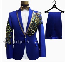 2PC Suit Mens Sequins Slim Fit One Button Blazer Jacket Trousers Stage Costume