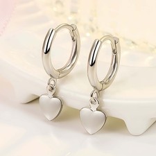 Heart Drop Charm Hoop 925 Sterling Silver Huggie Earrings Women Jewellery Gift