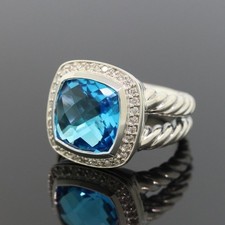 David Yurman Sterling Silver Albion Ring 11mm Blue Topaz and Diamonds Size 7