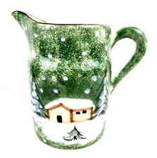 Vintage Macys The Cellar Log Cabin Large 56 oz Ceramic Pitcher Holiday Christmas