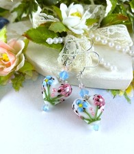Blue Crystal White Pink Floral Lampwork Silver Earrings Handmade Artisan Jewelry