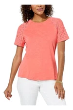 DG2 by Diane Gilman Women's Eyelet Raglan Sleeve Knit Tee Deep Coral
