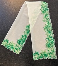 Vintage Sheer Silk Japan Scarf Wrap with Green Leaf Border Design, 16 x 44