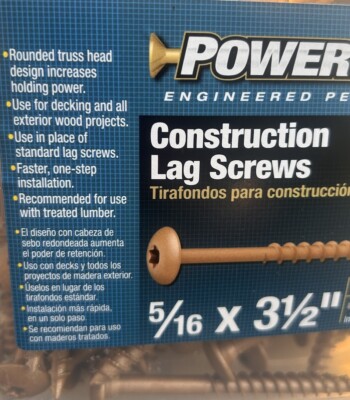 50 Power Pro 47870 Lag Screws, 5/16 x 3-1/2, Star Drive Construction Lag Screws 