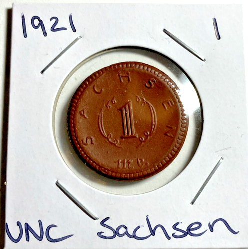 1921 Germany Sachsen 1 Mark Porcelain Coin UNC 25mm