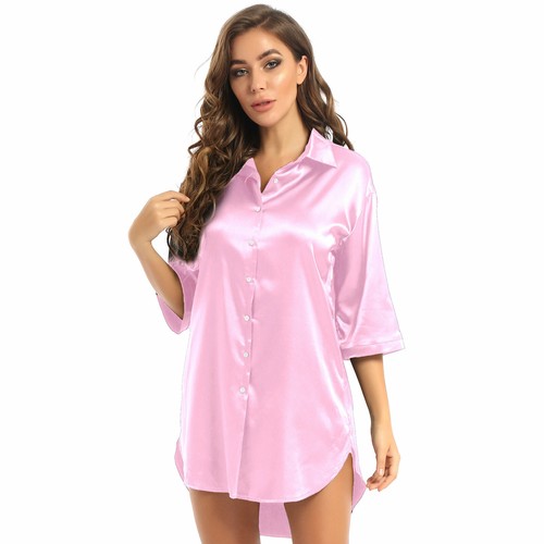 Damen Satin Schlafshirts Nachthemd Knopfleiste Seide Pyjama 3/4 Arm Nachtwäsche - Bild 68 von 94