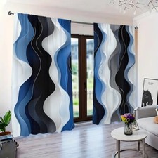 2 Panels 3D Geometric Blue Line Curtains Window Drapes for Bedroom Living Room