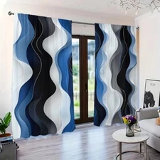 2 Panels 3D Geometric Blue Line Curtains Window Drapes for Bedroom Living Room