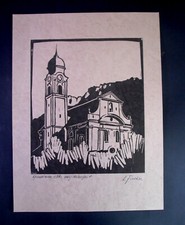 älterer markanter Holzschnitt - Pfarrkirche EBBS Tirol - signiert H. Fischer
