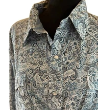 Roper Shirt Paisley Enamel Pearl Snap Buttons Western Rodeo Blue Beige Tan XL