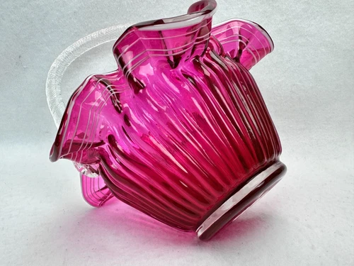 Fenton Pink Glass Basket White Candy Stripes Ruffled Edge Clear Handle Vintage