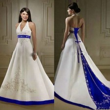 Elegant Blue and White Wedding Dresses Halter Backless Embroidered Bridal Gowns