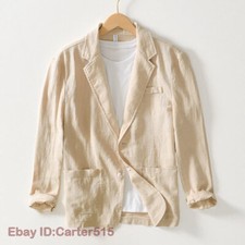 Men Two Button Cotton Linen Slim Blazer Casual Suit Jacket Formal Business